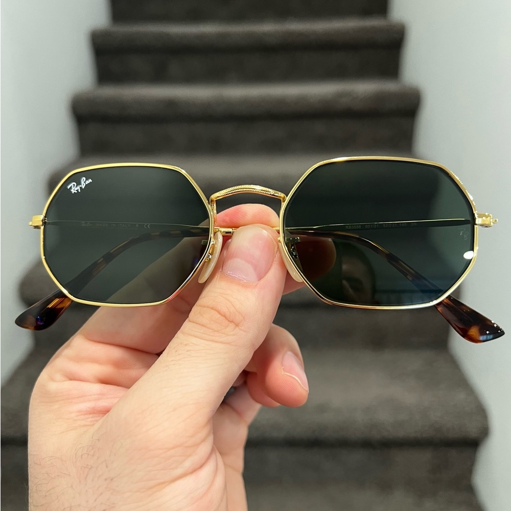 NEW Ray-Ban Octagon Gold Frame G-15 Lens RB3556N 53-21 With Pouch - Picture 2 of 4